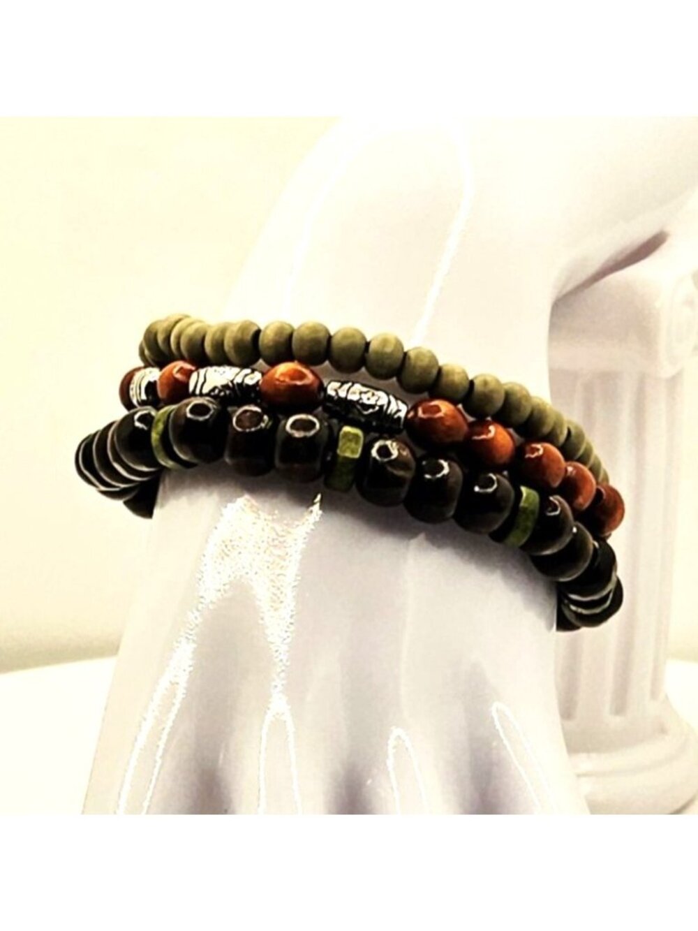 Mens Earth Tone Bracelet Stack, Wood Bead Stretch Bracelets, Boho Layered